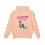 Peach youth streetwear hoodie with 'Adventure awaits' and sneaker graphic, TeenHub fashion
