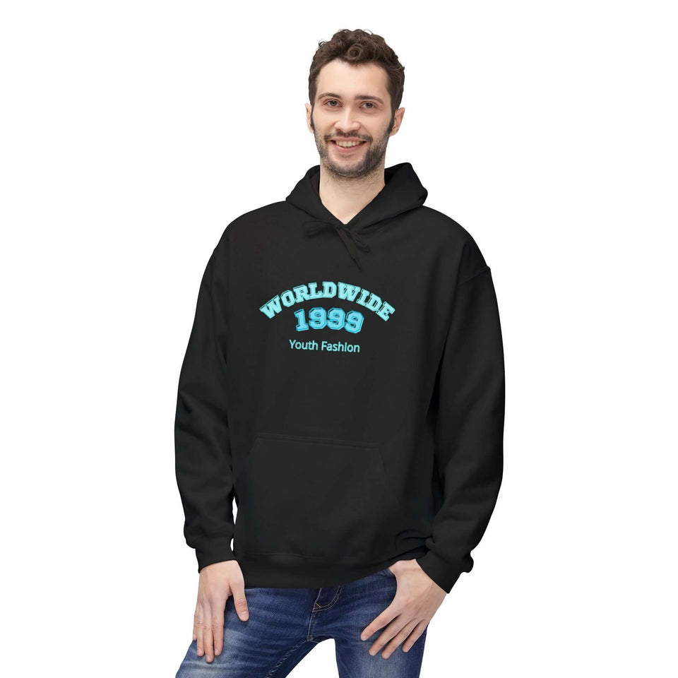 Man wearing a black hoodie with 'Worldwide 1889 Youth Fashion' text on a white background