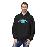 Man wearing a black hoodie with 'Worldwide 1889 Youth Fashion' text on a white background