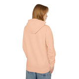 Teen model wearing a peach streetwear hoodie and blue jeans, back view, on white background