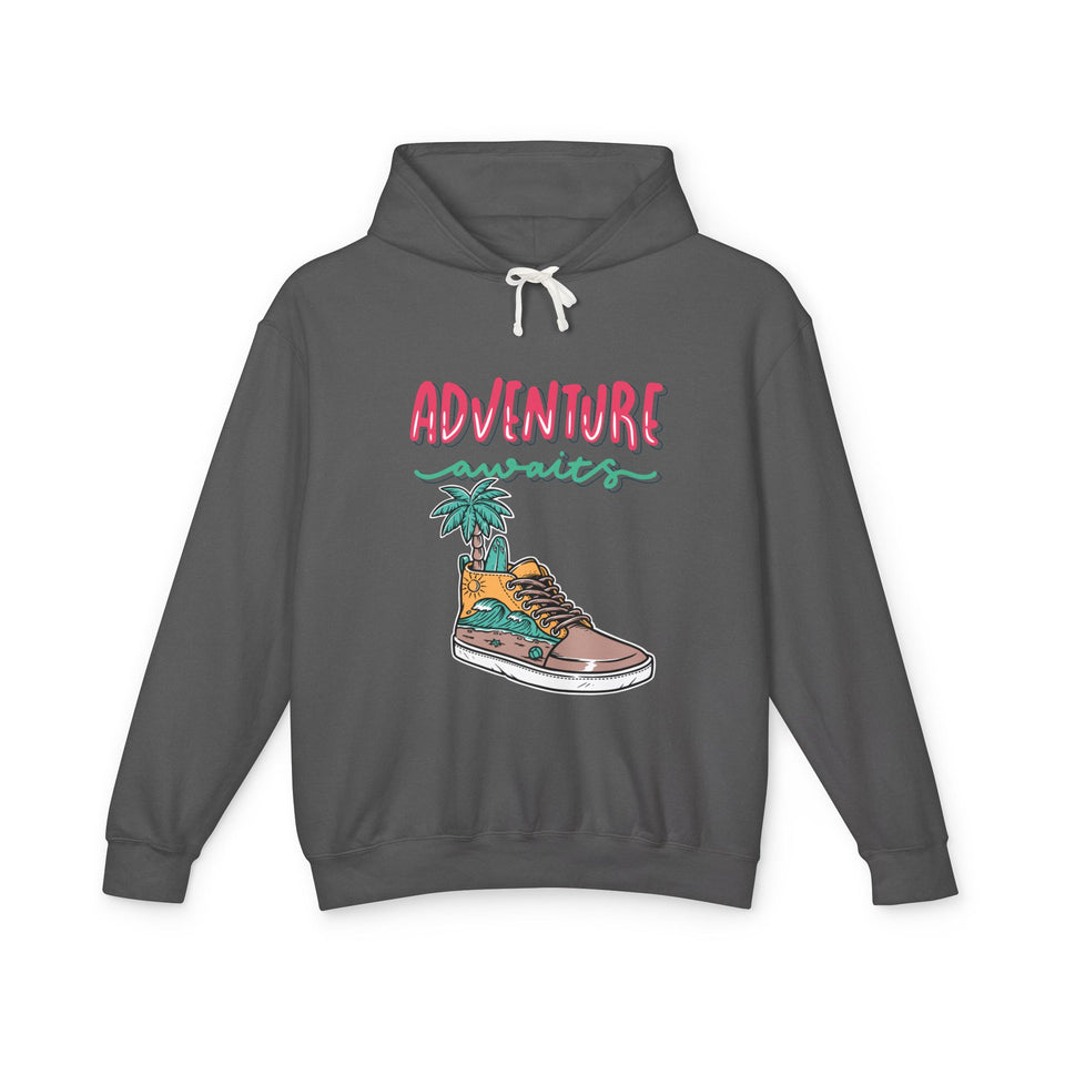 Gray streetwear hoodie with colorful 'Adventure Awaits' sneaker graphic, youth fashion