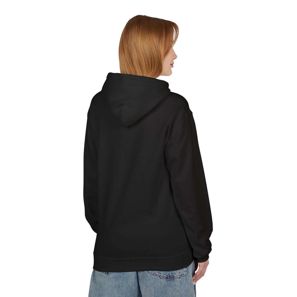 Person wearing a black hoodie from behind on a white background