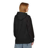 Person wearing a black hoodie from behind on a white background