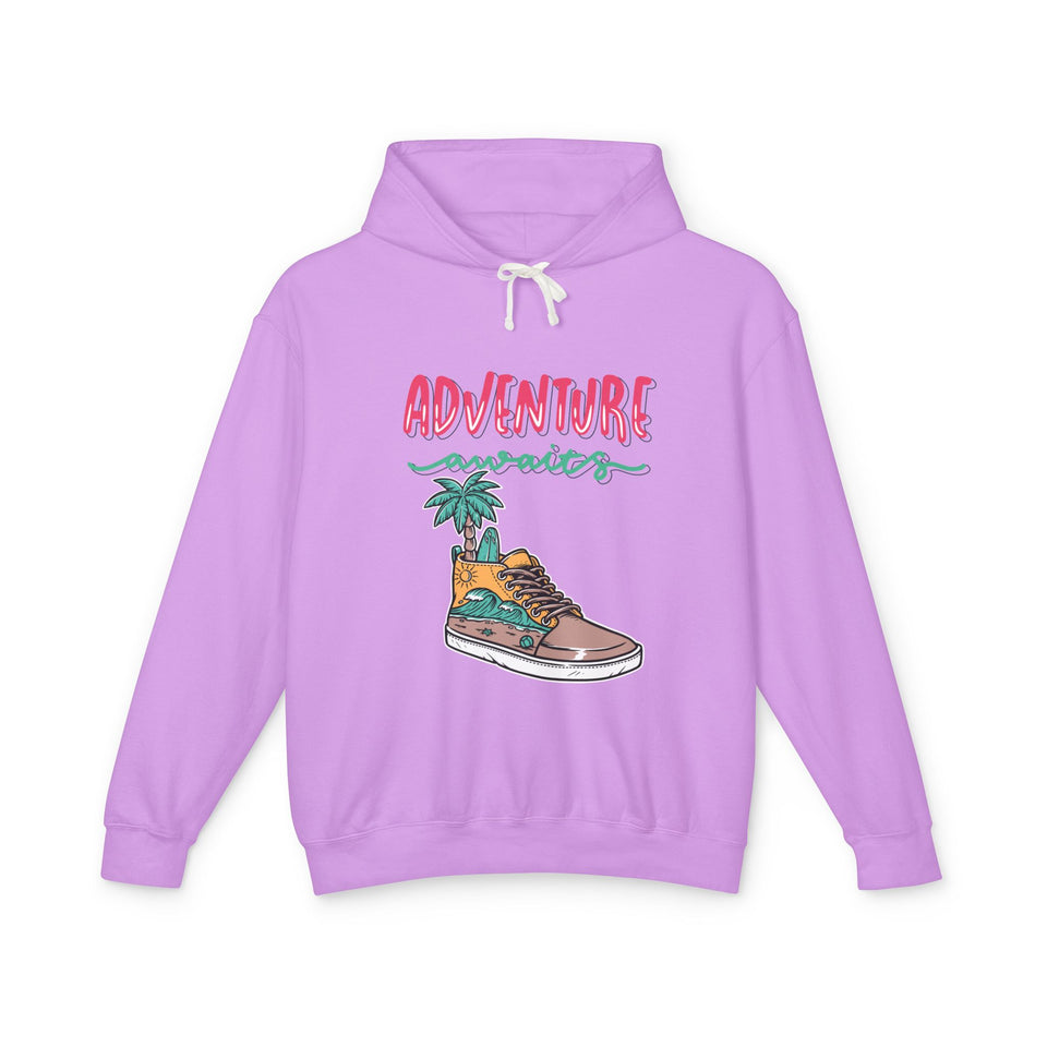 Lavender youth streetwear hoodie with 'Adventure awaits' text and illustrated sneaker graphic
