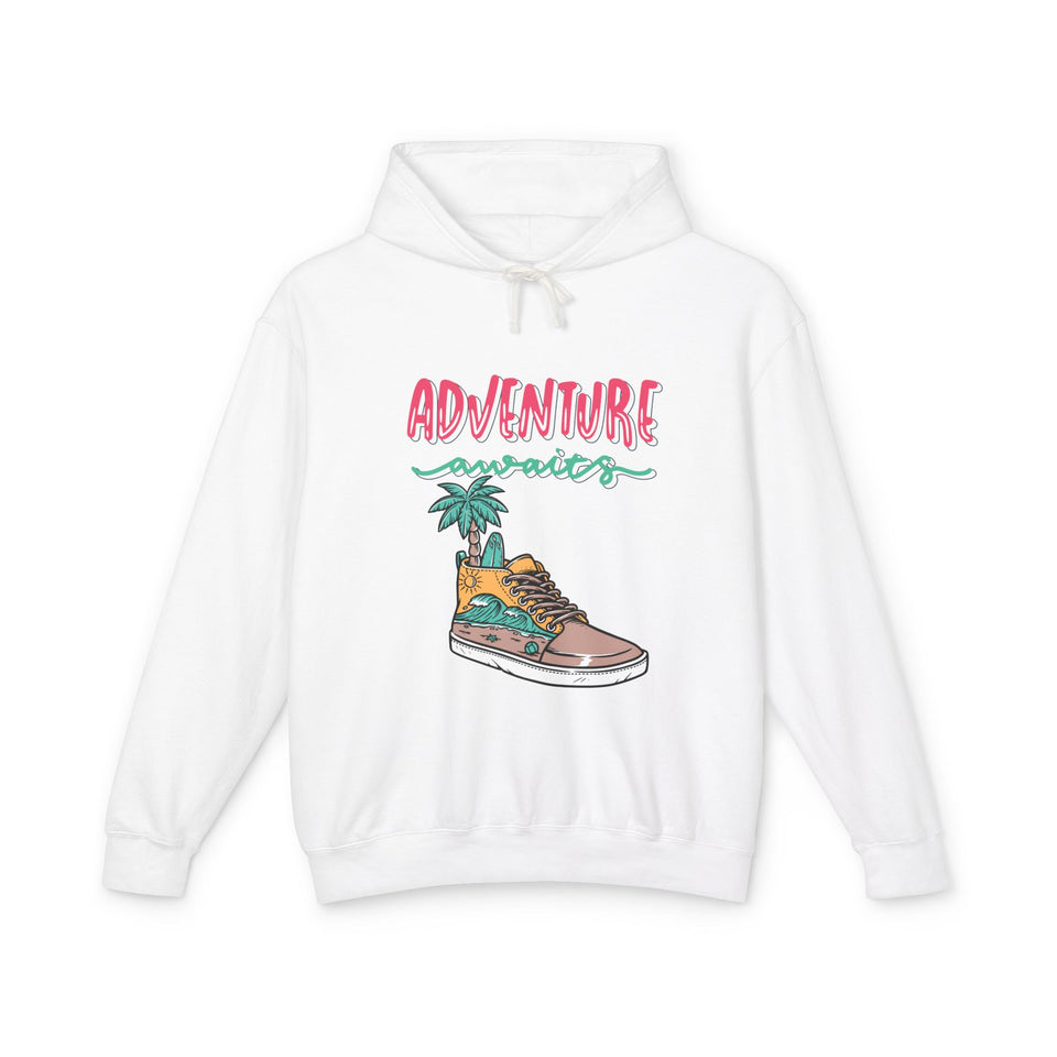 White youth streetwear hoodie with 'Adventure awaits' text and colorful sneaker graphic