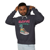 Teen wearing navy hoodie with 'Adventure Awaits' streetwear graphic, trendy youth fashion.