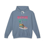 Blue youth streetwear hoodie with 'Adventure awaits' and sneaker graphic, TeenHub fashion