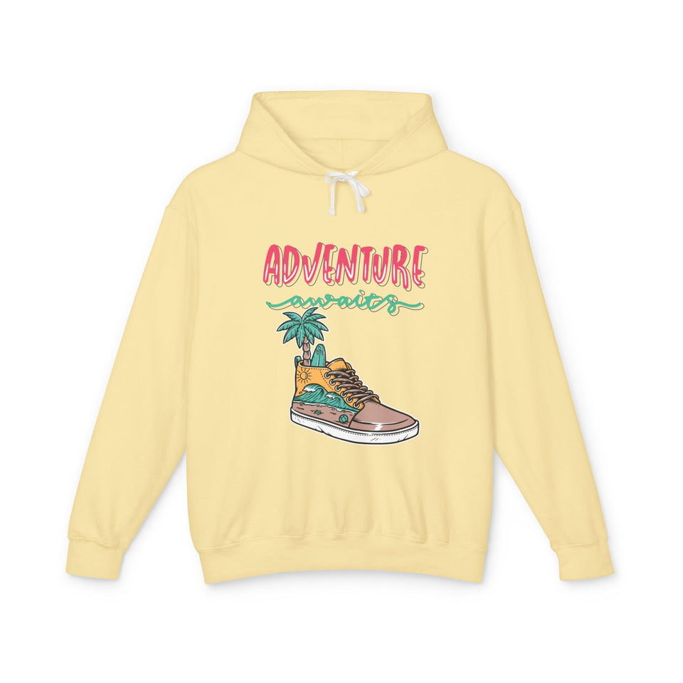 Yellow teen streetwear hoodie with 'Adventure Awaits' and sneaker graphic, TeenHub fashion