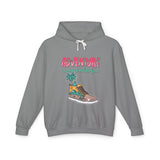 Gray youth hoodie with 'Adventure awaits' graphic and colorful sneaker design, TeenHub streetwear.