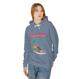 Teen wearing blue streetwear hoodie with 'Adventure Awaits' graphic and sneaker design