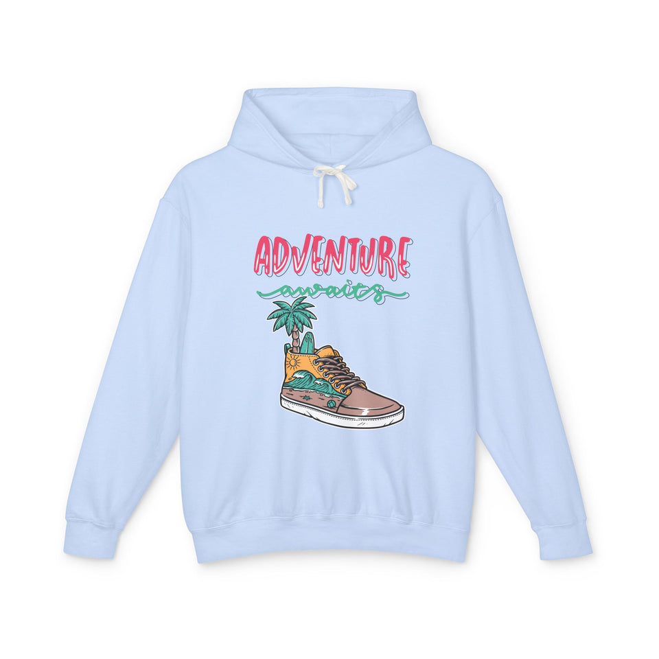 Light blue youth streetwear hoodie with 'Adventure Awaits' and sneaker graphic, TeenHub fashion
