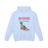 Light blue youth streetwear hoodie with 'Adventure Awaits' and sneaker graphic, TeenHub fashion