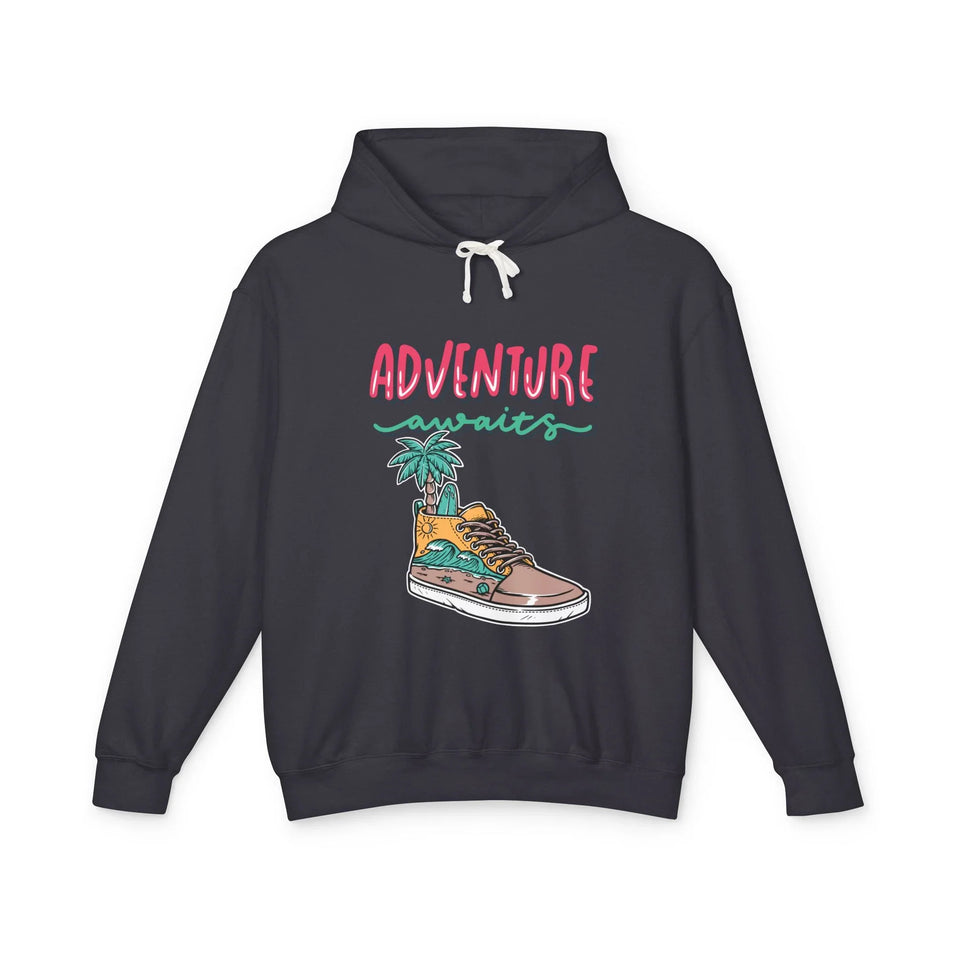 Black teen hoodie with 'Adventure awaits' text and sneaker island graphic, trendy streetwear