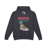 Black teen hoodie with 'Adventure awaits' text and sneaker island graphic, trendy streetwear