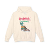 Cream streetwear hoodie with 'Adventure awaits' and sneaker graphic for trendy youth fashion